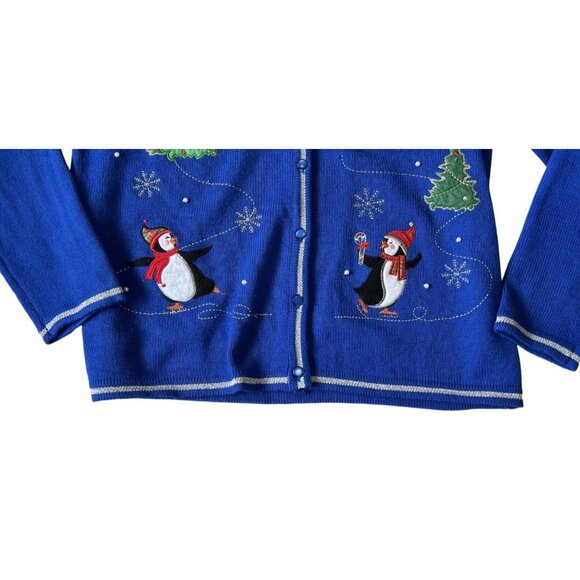 Unbranded Blue Christmas Cardigan Sweater Penguin Tree Design Size XL Cute GUC - Picture 3 of 5